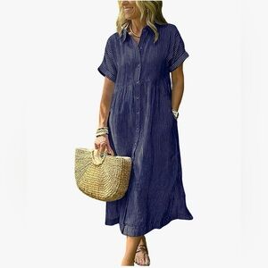 Women’s Boho Medium Stripe Shirt Dress Long Cotton